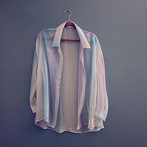Button up sheer, rainbow iridescent shirt